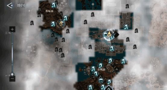 游戏地图界面截图,显示多个探索标记和路线指引