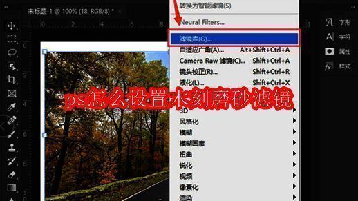 Photoshop界面展示,顶部菜单栏中选中滤镜库选项