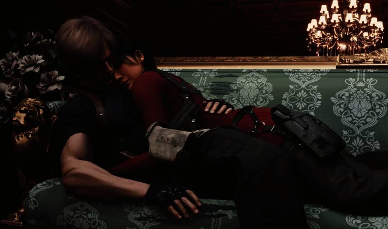 艾达王温柔地抱紧昏迷中的里昂，背景为昏暗实验室环境