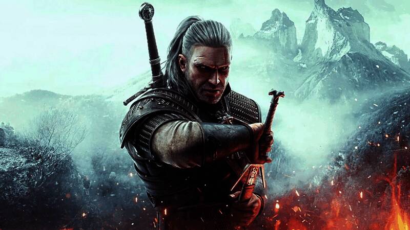 《巫师3》游戏画面,主角杰洛特手持银剑,背景为北境雪地战场