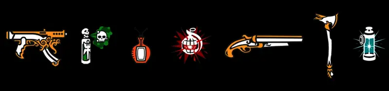 桌上摆放着多种武器道具，包括手枪、匕首、毒药瓶和防毒面具