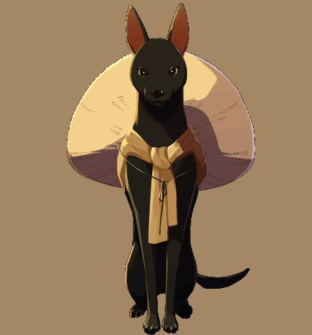 黑色毛发的狗形神灵，目光坚定