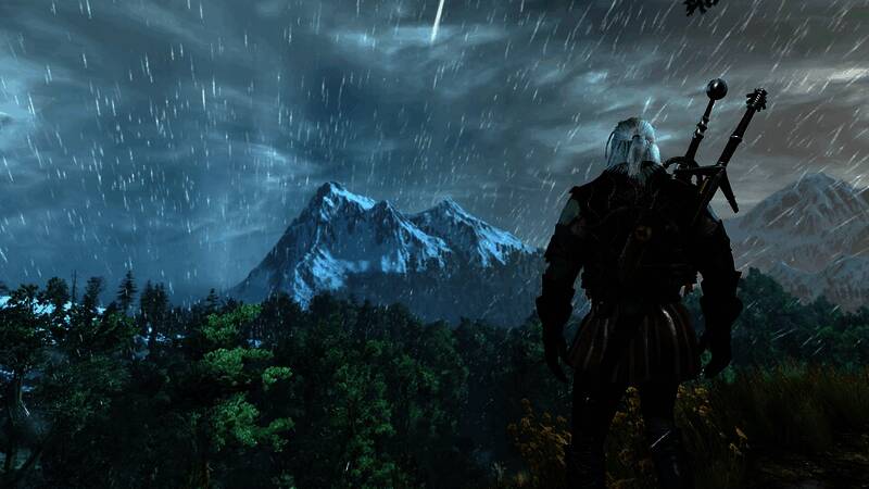 杰洛特在战斗中施展标志性旋转斩击的场景，敌人被击飞，特效炫目