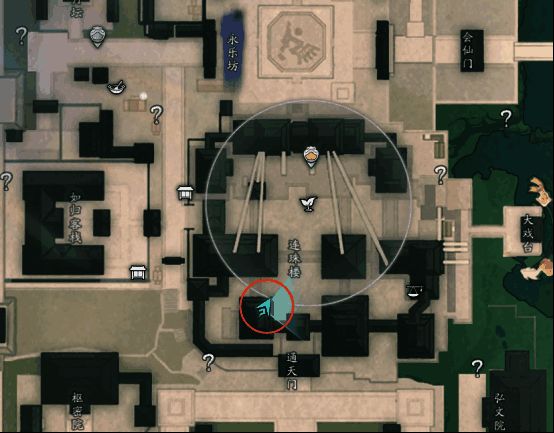 黄药师与玩家一同演奏古琴的场景，背景为连珠楼建筑群