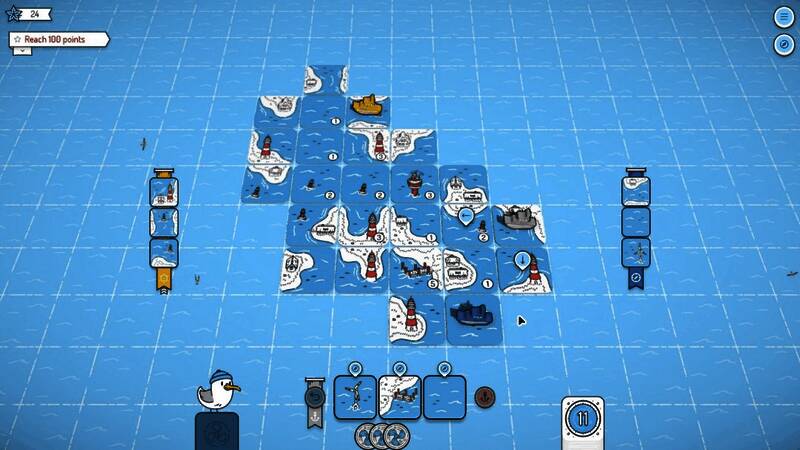 《灯塔巡航》游戏画面展示多种船只与地砖搭配，玩家正在拼接地图