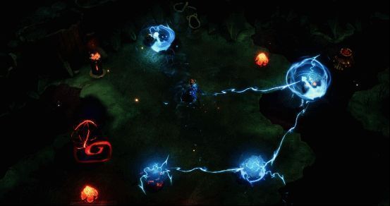 游戏中角色手持匕首与法杖展开激烈战斗,场景中漂浮着发光骰子特效