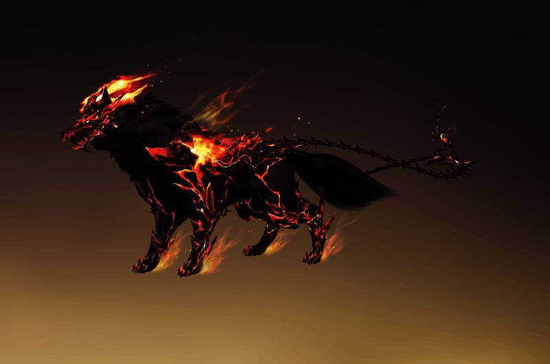 限定坐骑【啸月·覆火海】立绘，狼型坐骑周身燃烧烈焰