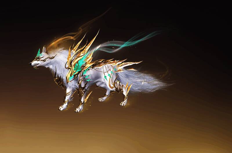 进阶坐骑【啸月·驰星汉】展示图，通体银白，散发极光般冰晶光芒