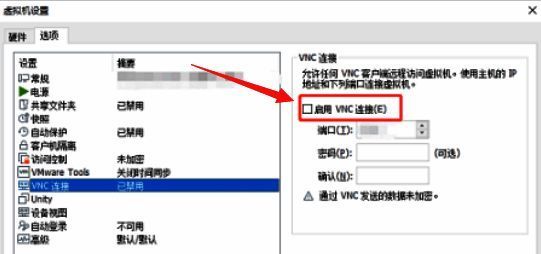 VNC连接设置页面,显示已勾选启用VNC连接选项
