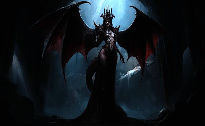 黑暗女士手持权杖，身后是混沌裂隙与破碎的世界