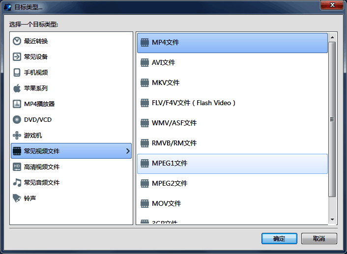 输出格式设置窗口，展示多种可选视频编码和容器格式