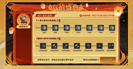 奖励发放示意图,展示个人与全服累计进度条及对应奖品