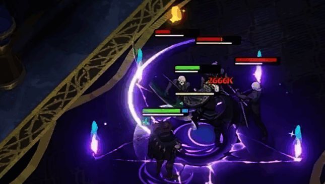 战斗场景截图,展示都铎挥舞弯刀横扫前方敌人特效