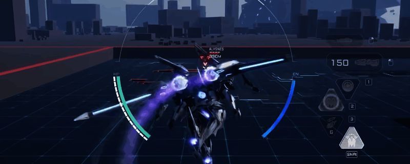 矛隼机甲在空中高速飞行，展开火力压制的动态画面，机身流线感十足，背景为未来科技风格战场