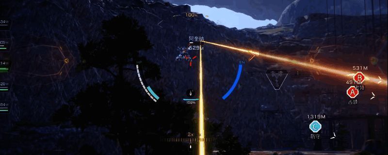 《解限机》中鸣神机甲正在进行能量狙击，画面聚焦于其主武器蓄能射束炮的光效与贯穿效果