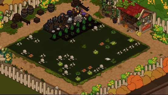 玩家角色在农田中耕作,背景是尚未整理的荒地