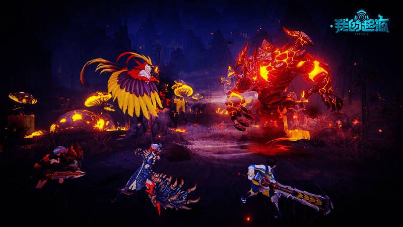 炎魔之王副本战斗场景，巨型BOSS与角色激烈对抗，火焰特效燃烧全场