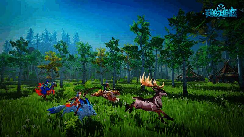 玩家在起源星球上骑乘飞行宠物穿越山谷，阳光洒落，背景色彩斑斓