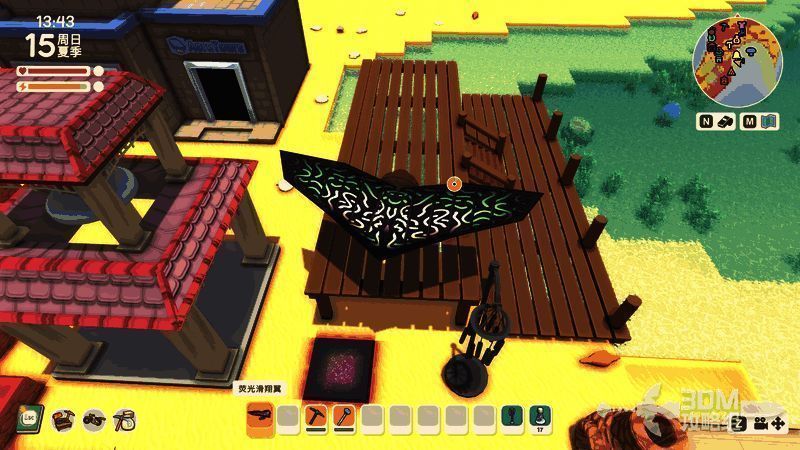 《金垦小镇》荧光滑翔翼展开状态，散发蓝色光芒