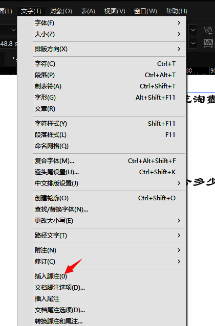 InDesign菜单中‘插入脚注’选项被鼠标悬停高亮显示