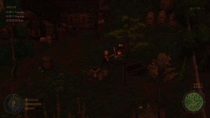 游戏角色手持长剑与盾牌，面对一只巨型狼人进行激烈战斗，周围环境为阴暗森林