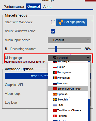语言设置下拉菜单,Simplified Chinese选项已高亮显示