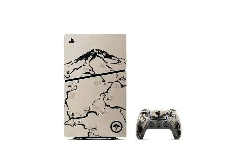 《羊蹄山之魂》黑色限量版PS5主机实物图,整体采用深邃黑底搭配白色线条设计