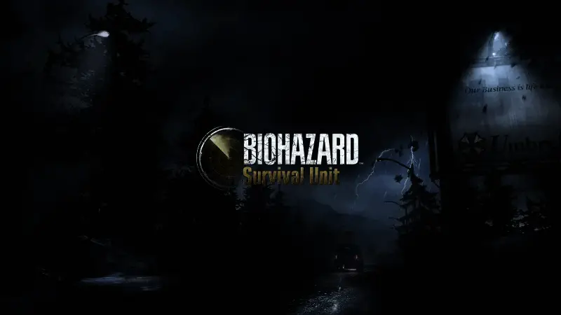 游戏宣传主视觉图，展示标志性生化危机LOGO与天野喜孝风格的怪物轮廓