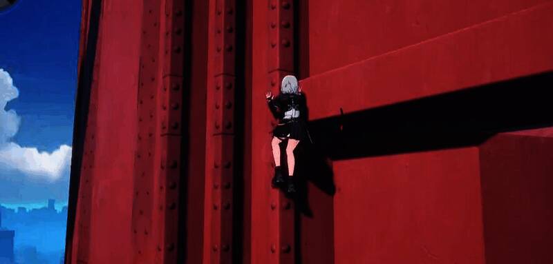 角色在高楼林立的城市中攀爬，远处可见教学楼轮廓