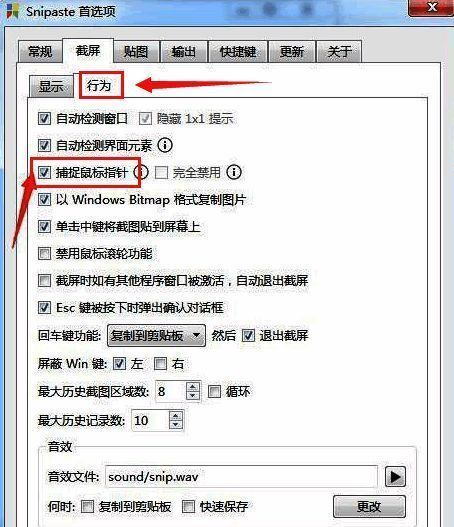 截屏栏目下的行为选项,捕捉鼠标指针复选框已被勾选