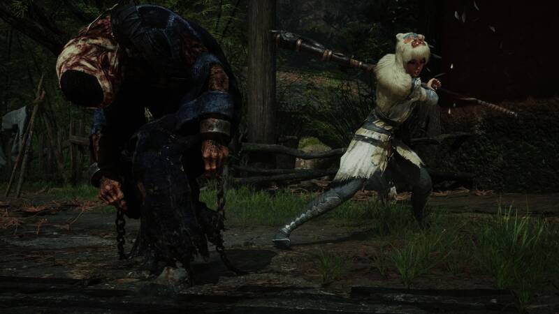 《明末:渊虚之羽》女主头戴毛绒头套造型,手持战斧的高清截图,背景为暗黑风格的战场环境