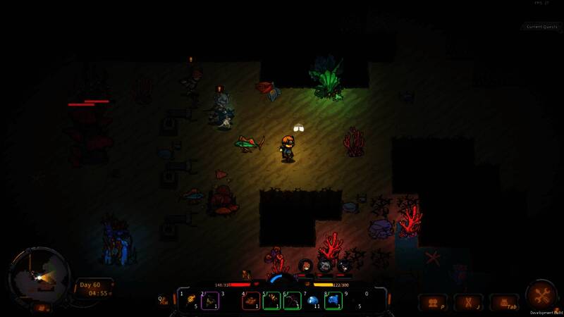 玩家在锻造界面打造矿镐与防具，周围摆放各类材料与工具