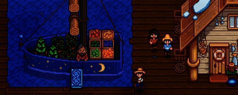 星露谷物语游戏界面展示，角色正在农田中忙碌，背景为乡村田园风光