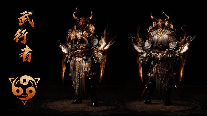 武行者(典藏版配色)展示图,佩戴傩戏面具,手持念珠与经卷,姿态威严