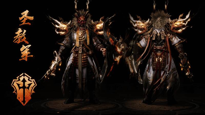 圣教军(典藏版配色)战斗场景,手持符纸长剑,身披白色战甲,气势恢宏