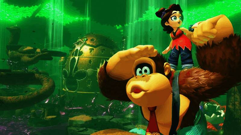 《咚奇刚：蕉力全开》游戏场景，咚奇刚在矿洞中攀爬跳跃，背景充满卡通风格的机关与障碍