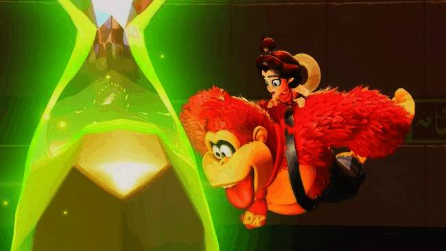 咚奇刚在关卡中收集香蕉的场景，背景中可见丰富的机关与隐藏路径