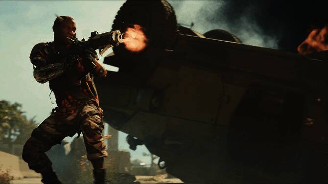 角色手持能量步枪在废墟中与敌人激烈交火,背景硝烟弥漫