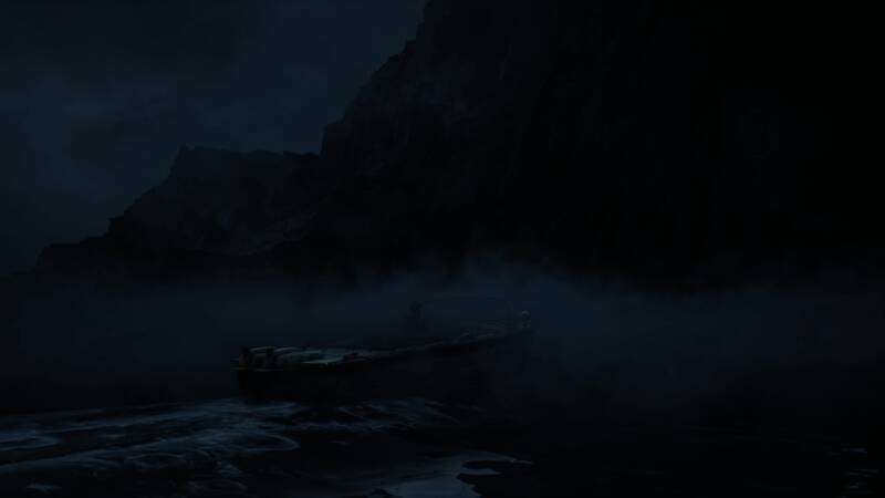 游戏场景展示主角手持武器在废墟中前行,周围阴森恐怖