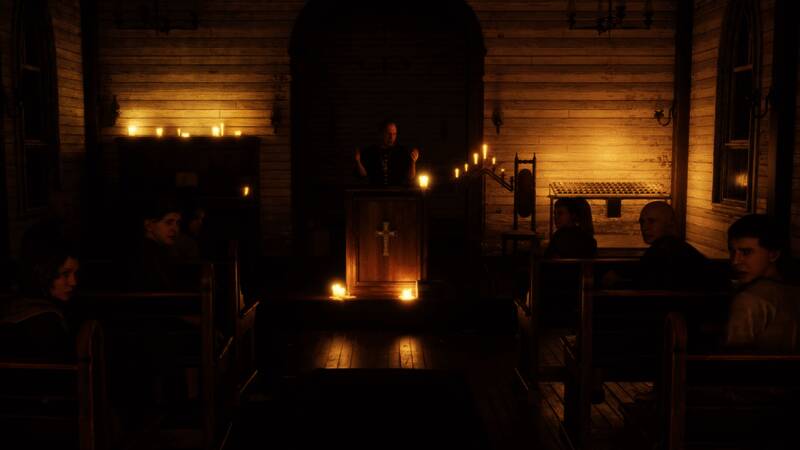 角色在废墟中探索,远处可见破败的建筑和弥漫的雾气