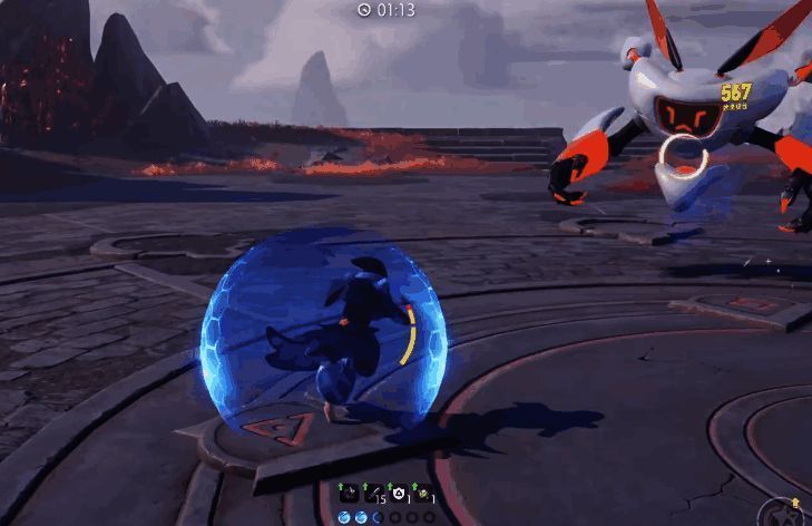 巨型Boss跳跃攻击画面,玩家快速躲避红色区域,背景中可见多个小怪正在逼近