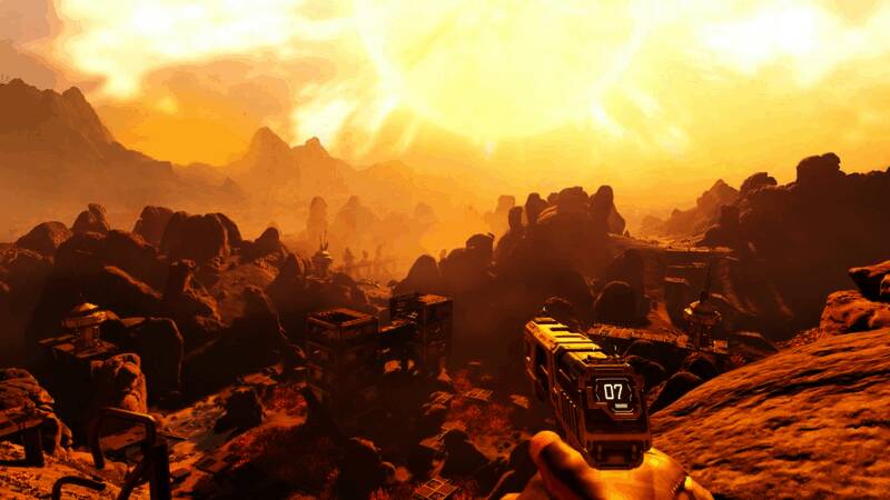 《星际裂变》开放世界探索画面，玩家在荒野中搜集资源与对抗敌人