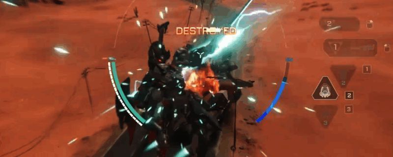 飞景机甲战斗场景,机身启动隐身特效,背景为废墟战场环境