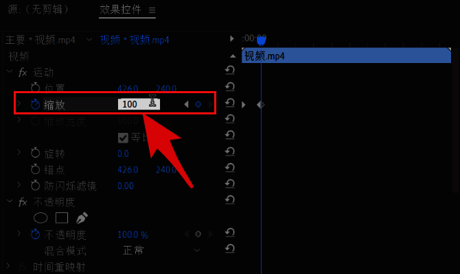 Adobe Premiere Pro中设置结束缩放数值为100的界面展示