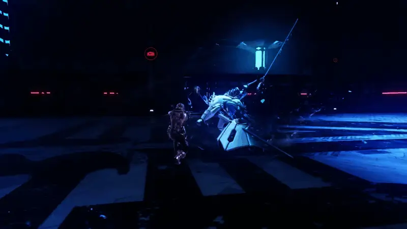 主角腾空劈砍，身后Boss招式破绽显露，动作张力十足