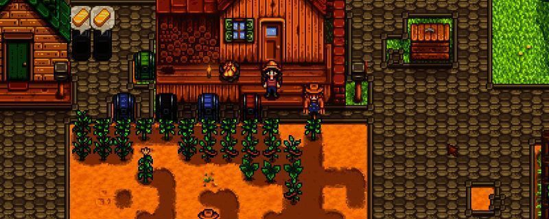 星露谷物语游戏界面展示初始农场环境,树木环绕农田