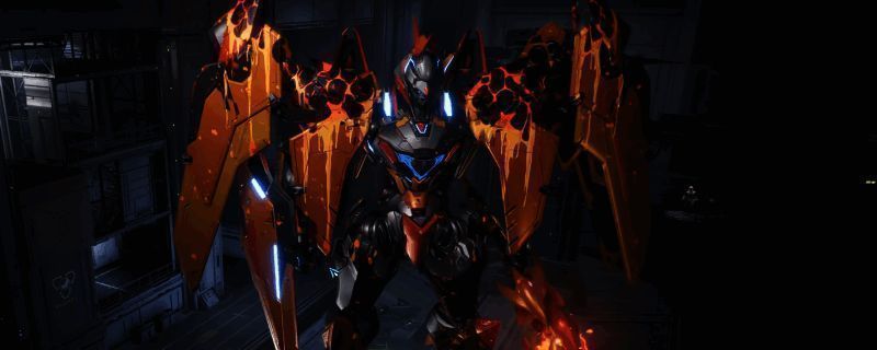 解限机黑豹机甲炽燃涂装效果图，机身呈现暗黑与火焰红交织的炫酷外观