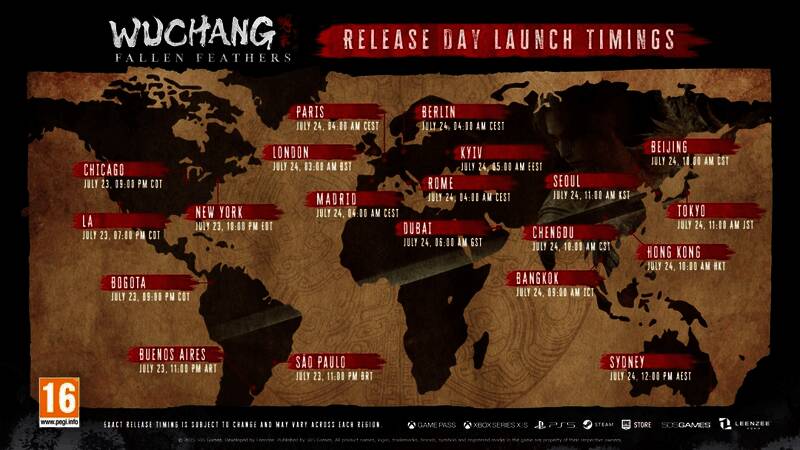 《明末：渊虚之羽》全球解锁时间表截图，标注了不同地区的时间差异，中国区为7月24日10:00