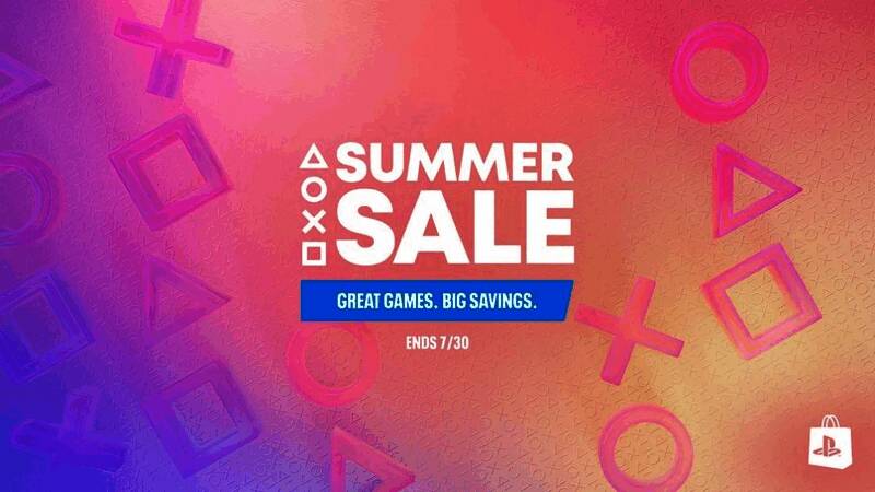 PlayStation商店夏日促销活动主视觉图，背景为缤纷夏日风格，展示多款热门游戏封面