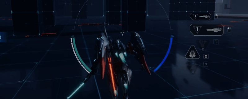 飞景机甲在基础教学中展示隐身突袭动作，机身泛起蓝色能量波纹，敌人尚未察觉